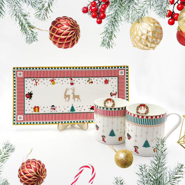 Noel Christmas Mugs & Tray - Set of 3
