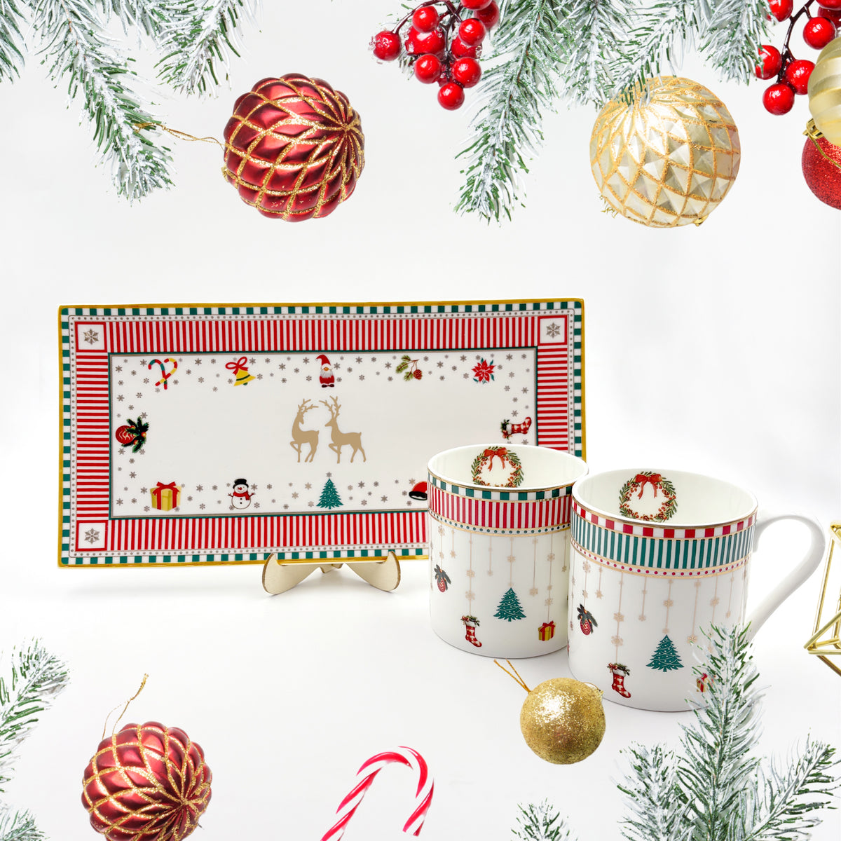 Noel Christmas Mugs & Tray - Set of 3
